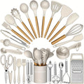34-Piece Silicone Kitchen Utensils Set with Holder – Heat Resistant Cooking Utensils for Nonstick Cookware, Wooden Handle Spatula Set, Kitchen Gadgets & Tools, Great Father's Day Gift (Khaki/Black/Gray)