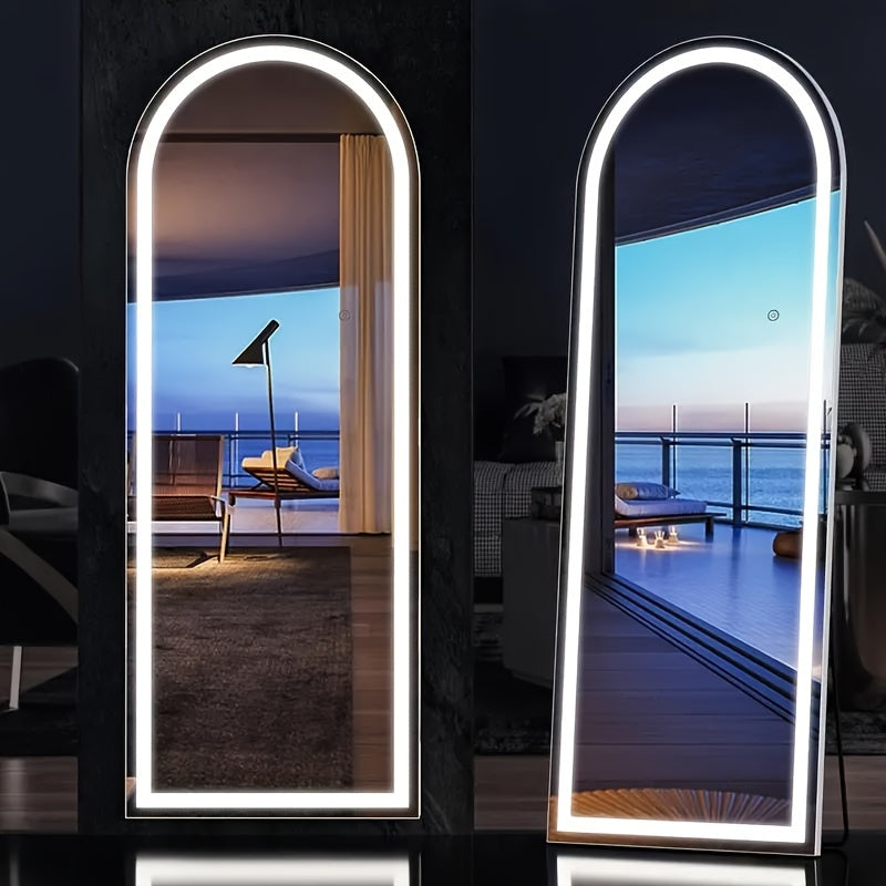 Full Length Floor Mirror with LED Lights - Arched & Rectangle Top, Aluminum Frame, 71" Standing Dressing Mirror for Bedroom & Living Room, Black Gold White, 5mm Tempered Glass