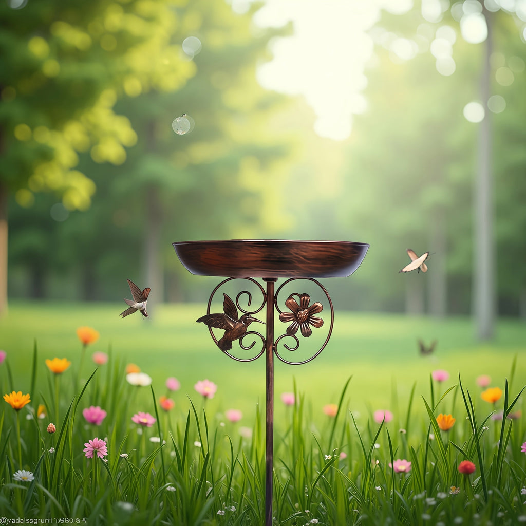 Outdoor Bird Bath and Feeder Set Metal Sunflower Design 5-Claw Stake Base Bronze Color Weather-Resistant Backyard Garden Decor Attracts Wild Birds