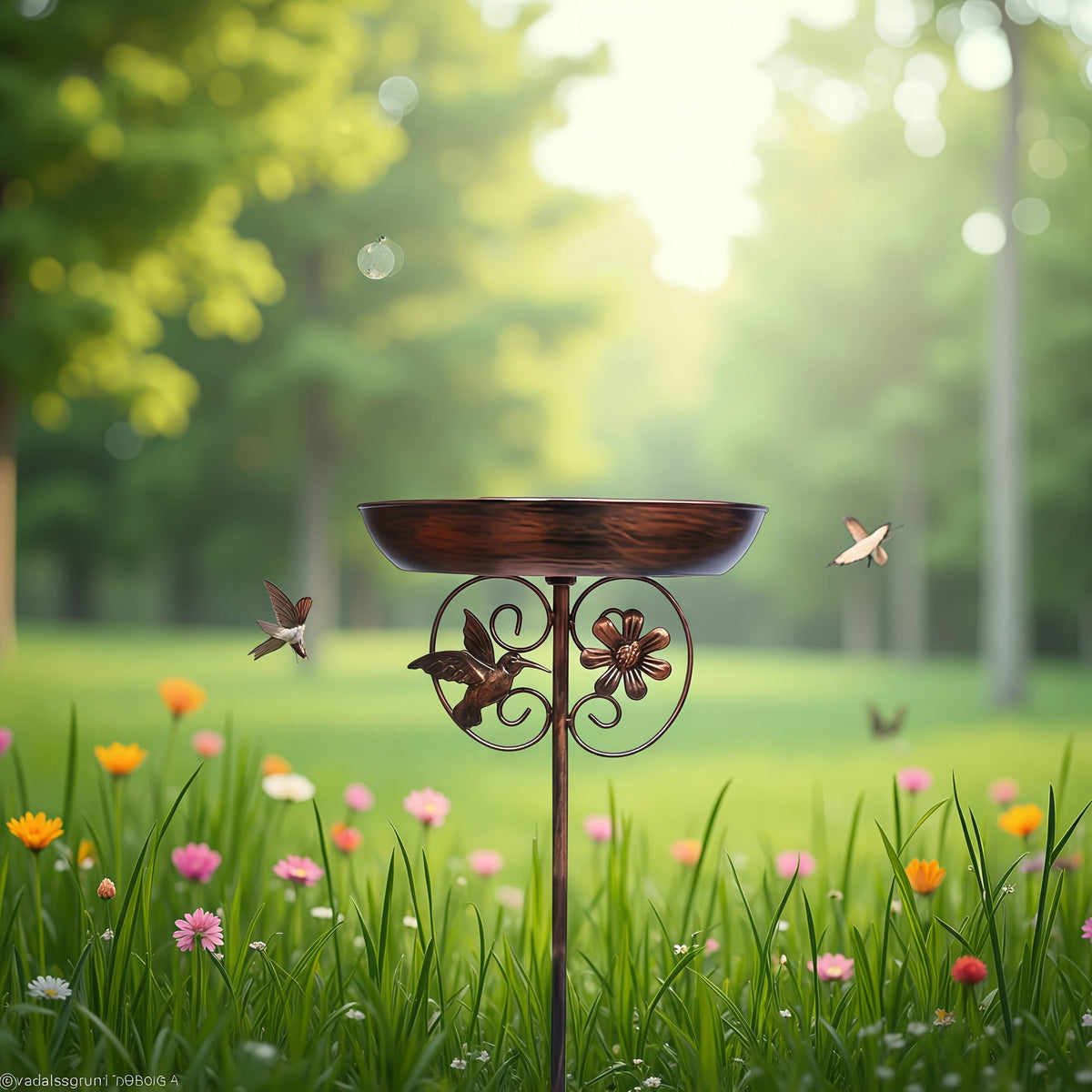 Outdoor Bird Bath and Feeder Set Metal Sunflower Design 5-Claw Stake Base Bronze Color Weather-Resistant Backyard Garden Decor Attracts Wild Birds