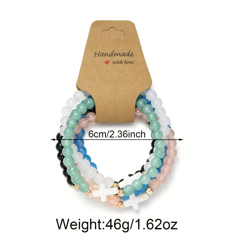 Cross Glass Bead Bracelet Set 10pcs Boho Stackable – Multi-Layer Elastic Wristbands with Zircon & Zinc Alloy Accents for Women, Elegant Spiritual Jewelry for Daily Wear, Parties & Gifting