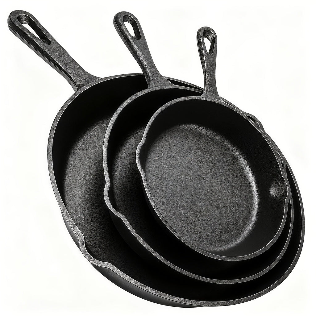 Cast Iron Skillet Set 3-Piece 6 8 10 Inch Pre-Seasoned Non-Stick Heavy Duty Oven Grill Campfire Safe Even Heat for Steak Cornbread Baking – Rustic Kitchen Cookware
