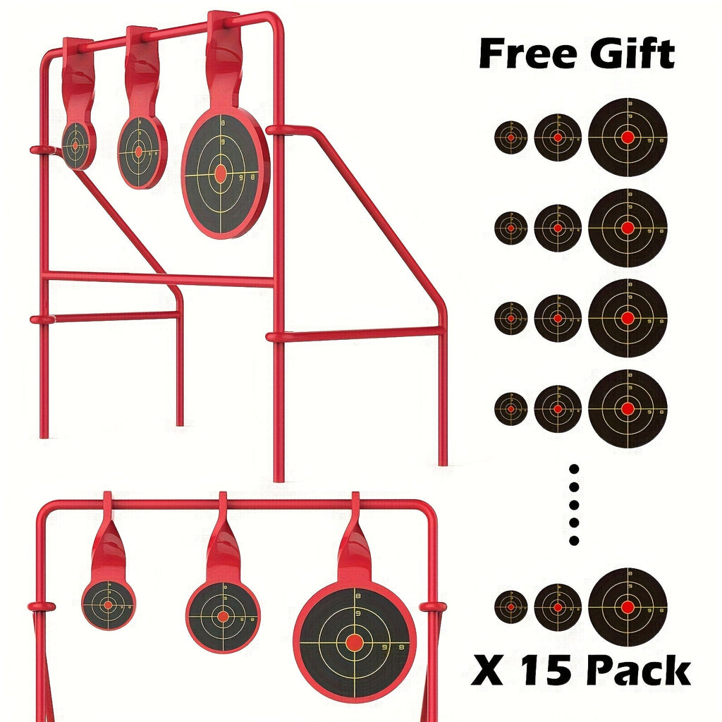 Triple Spinner Shooting Target Stand for .22LR Rimfire – Foldable Heavy-Duty Steel with 15-Pack Bullseye Paper Targets, Instant Visual & Audible Feedback for Backyard Plinking Range Training Practice