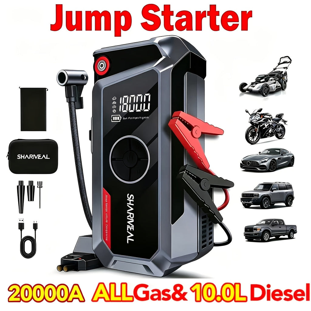 20000A Car Jump Starter with Air Compressor 18-in-1 Portable Power Pack – Smart Jumper Cables Quick Charge LED Light Large Display for All Gas & Diesel Engines, Emergency Car Battery Booster