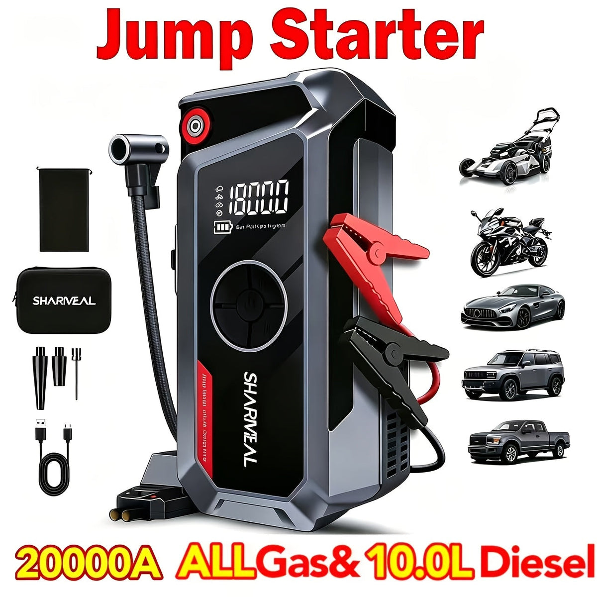20000A Car Jump Starter with Air Compressor 18-in-1 Portable Power Pack – Smart Jumper Cables Quick Charge LED Light Large Display for All Gas & Diesel Engines, Emergency Car Battery Booster