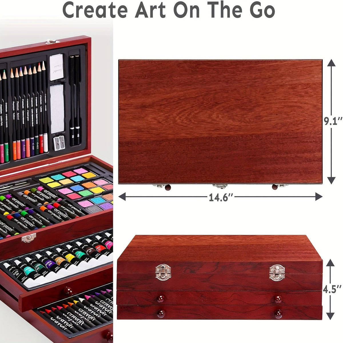 175-Piece Deluxe Art Set in Wooden Case – Professional Art Kit with 2 Drawing Pads, Crayons, Acrylic Paints & Colored Pencils, All-in-One Paint Supplies Gift for Kids & Adults, Cherry Pink Purple Blue Wood Brown