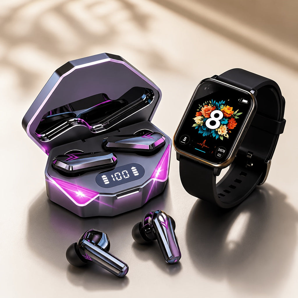 Smartwatch & Wireless Bluetooth Earphones Combo Set – GPS Tracking Health Monitor Sleep Tracker Wireless Calling Compatible with Android & iPhone Gift Set for Men Women Teens