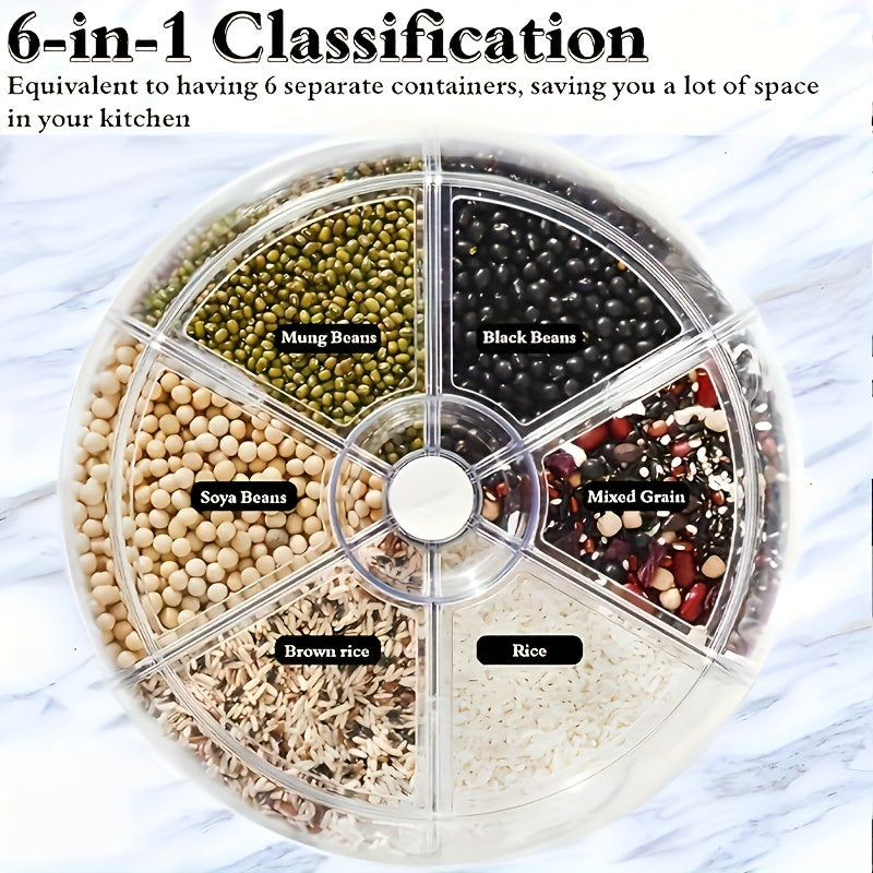 Rotating Cereal Dispenser 6-Grid Large Capacity Airtight Rice Storage Container, Moisture-Proof Insect-Proof Grain Dispenser with Transparent Window & Press Button, Food-Grade PP for Rice Grains Flour