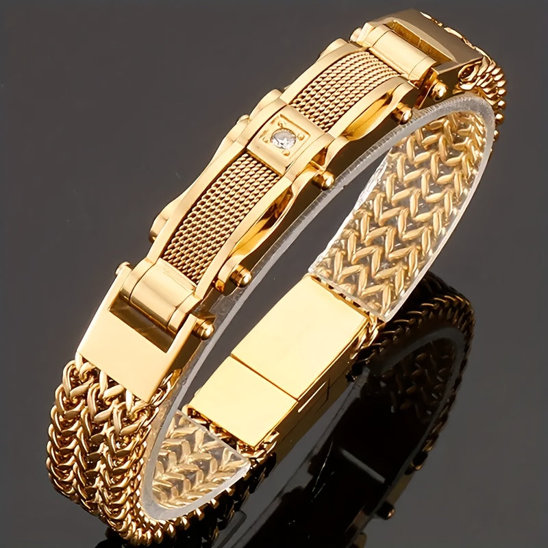 Men's 304 Stainless Steel Motorcycle Chain Bracelet – Hip Hop Punk Biker Magnetic Clasp Synthetic Gem Bracelet for Men Nightclub Party Wedding Streetwear Gift