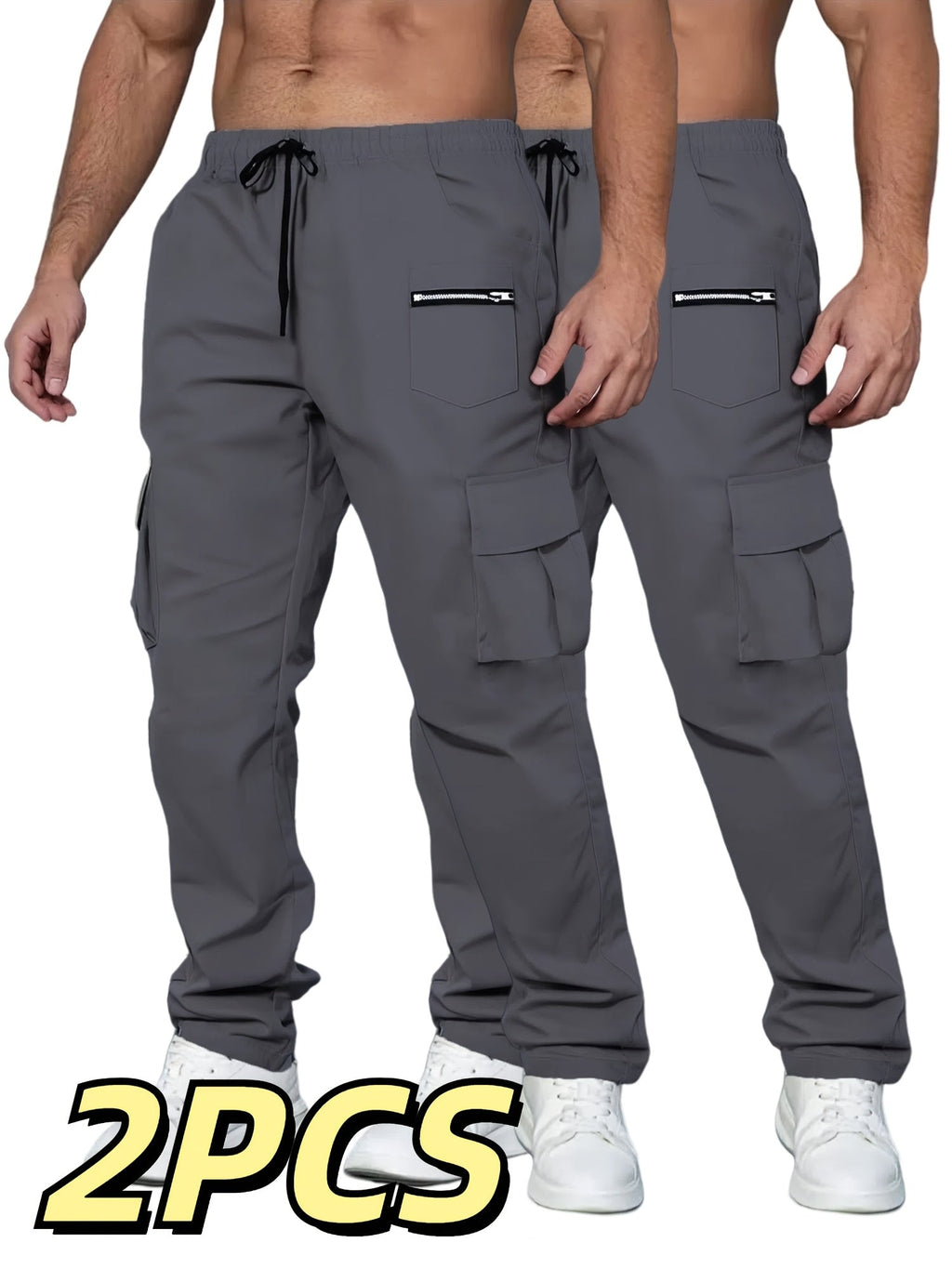 Men's Cargo Pants 2-Pack Multi-Pocket Elastic Waist Drawstring Hiking Trousers Breathable Loose Straight Fit All Season Black Khaki Dark Grey Sizes S-XXL