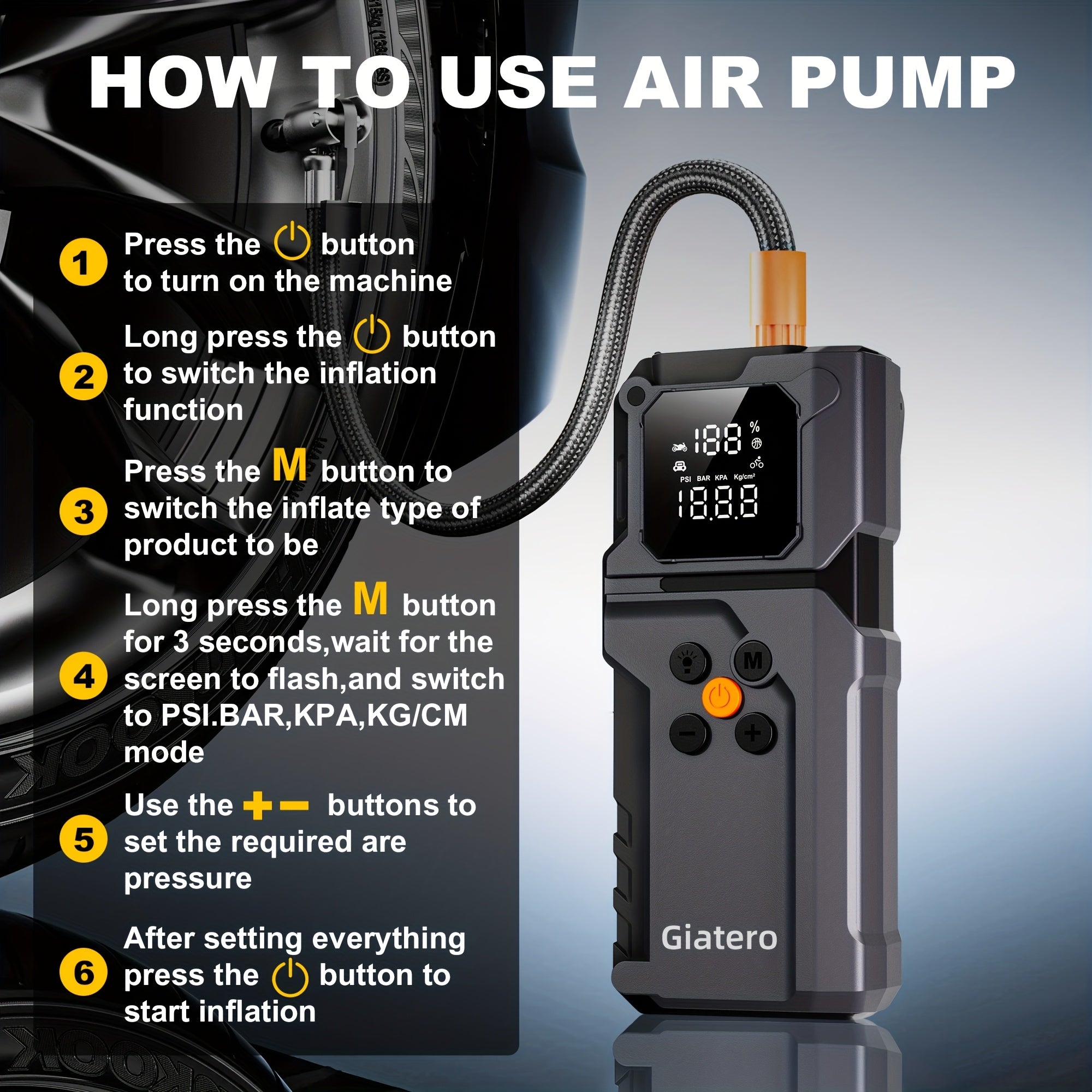 10000A Jump Starter with Air Compressor 160 PSI, Portable Car Battery Booster Pack for Gas & Diesel Engines, USB-C QC 3.0 Fast Charge, LED Flashlight, Digital Display – Giatero Q27