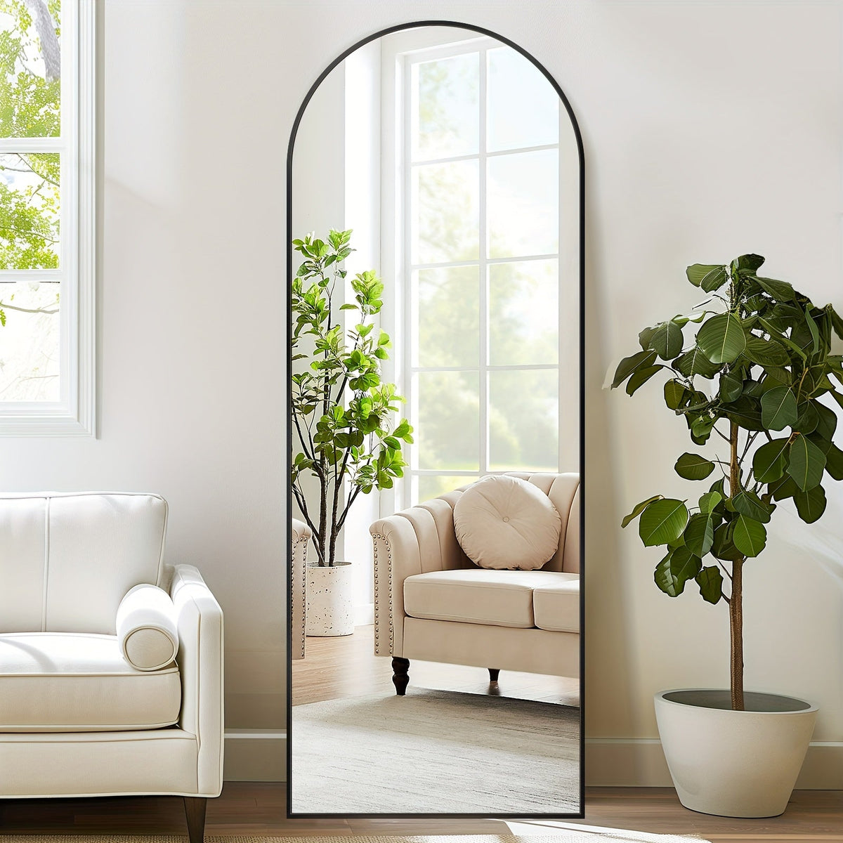 Arched Full Length Floor Mirror Freestanding Full Body Standing Mirror with Stand for Bedroom Living Room Cloakroom Wall Mountable 3 Sizes 2 Colors Black Gold