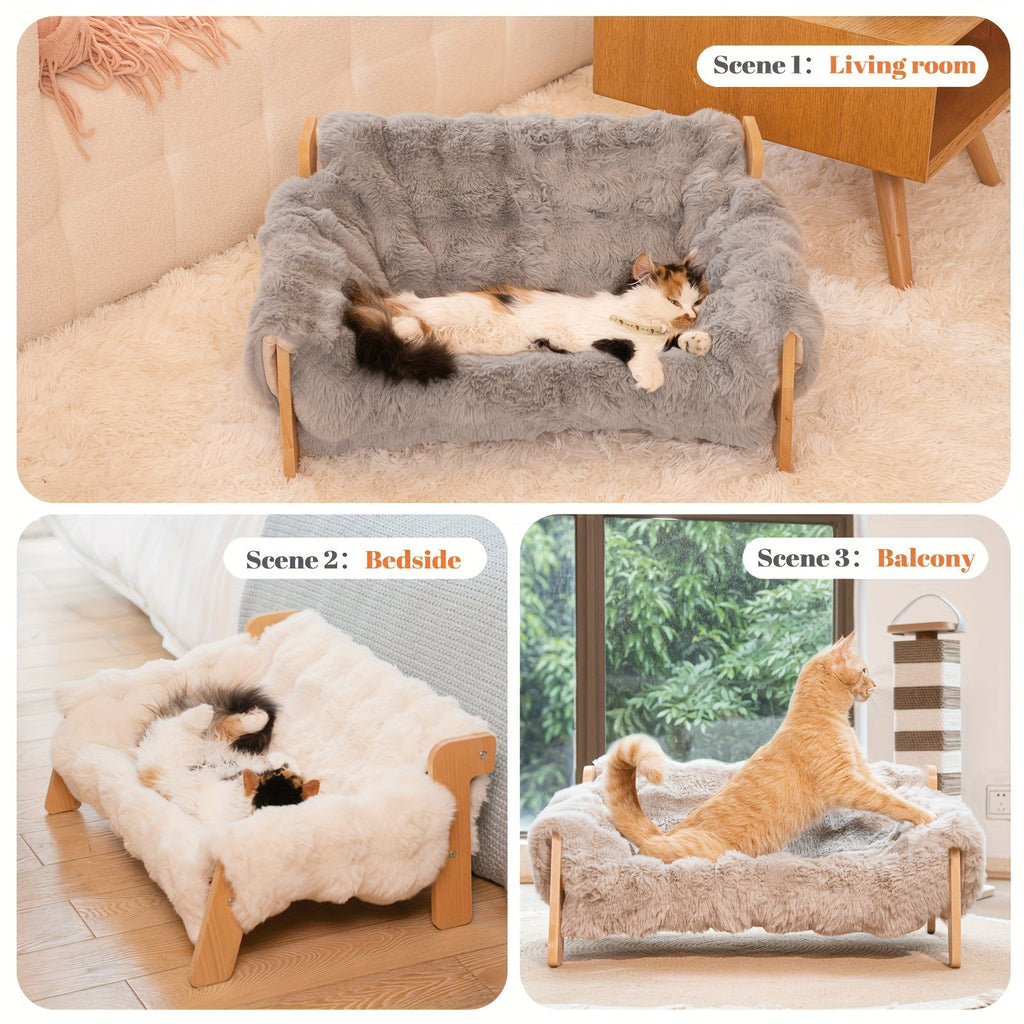 Elevated Pet Sofa Bed Solid Wood Frame Bamboo Mat Replaceable Fleece Mattress Modern Lounge Chair for Small Medium Dogs Cats Gray White Bamboo Style