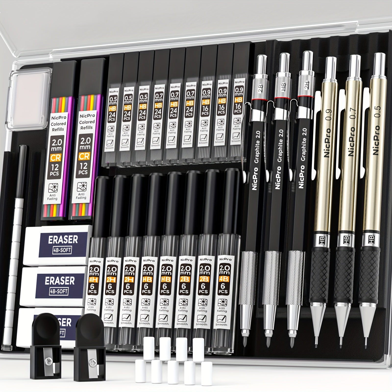 Nicpro 34-Piece Art Mechanical Pencil Set 6 Metal Drafting Pencils 0.5 0.7 0.9 2mm 19 Refill Leads 6B to H Erasers Storage Case Sketching Drawing Artists Students
