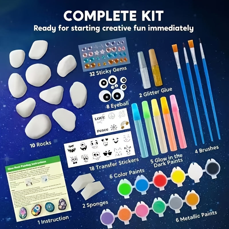 Glow in the Dark Stone Painting Kit for Kids – DIY Rock Art Craft Set with Luminescent Paint, Creative Outdoor Indoor Activity Gift for Boys Girls Birthday Party, Graffiti Painting Toy