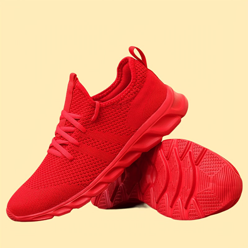 Men's Lightweight Knit Mesh Sneakers EVA Blade Sole Low-Top Lace-Up – Breathable Running Walking Gym Shoes in White Red Black All-Season US Sizes 6 to 13.5