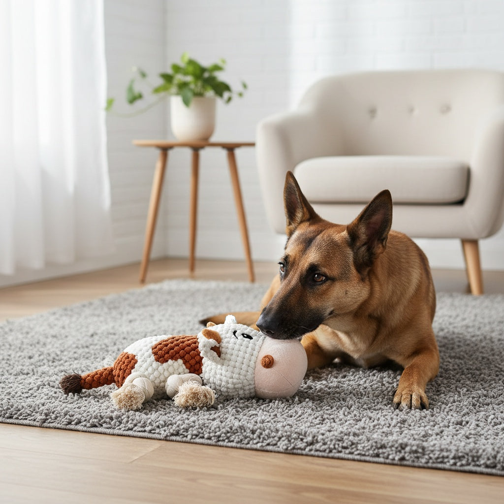 Squeaky Cow Dog Toy Plush Interactive Tug-of-War Rope with Crinkle Paper IQ Training Chew Toy for Small Medium Large Dogs Anxiety Relief Boredom Buster No Battery Needed