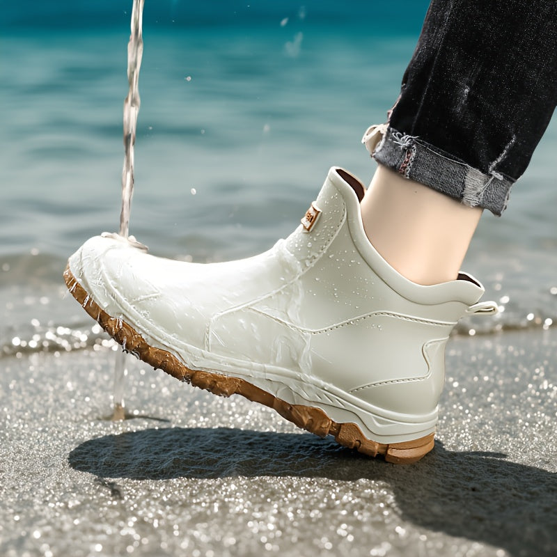 Lightweight Non-Slip Short Ankle Rain Boots for Men and Women Cushioned Insoles Breathable Lining Textured Anti-Slip Sole Fashionable Unisex Couple Rain Boots for Car Washing Outdoor Activities Black Beige US 5.5-12