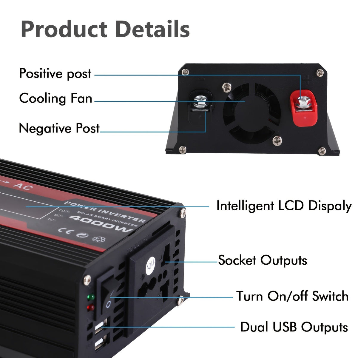 4000W Car Power Inverter DC 12V to AC 110V with LCD Display, Cooling Fan and Overload Protection - Portable 800W Rated Converter for Road Trips, Camping, Outdoors and Emergency Kits