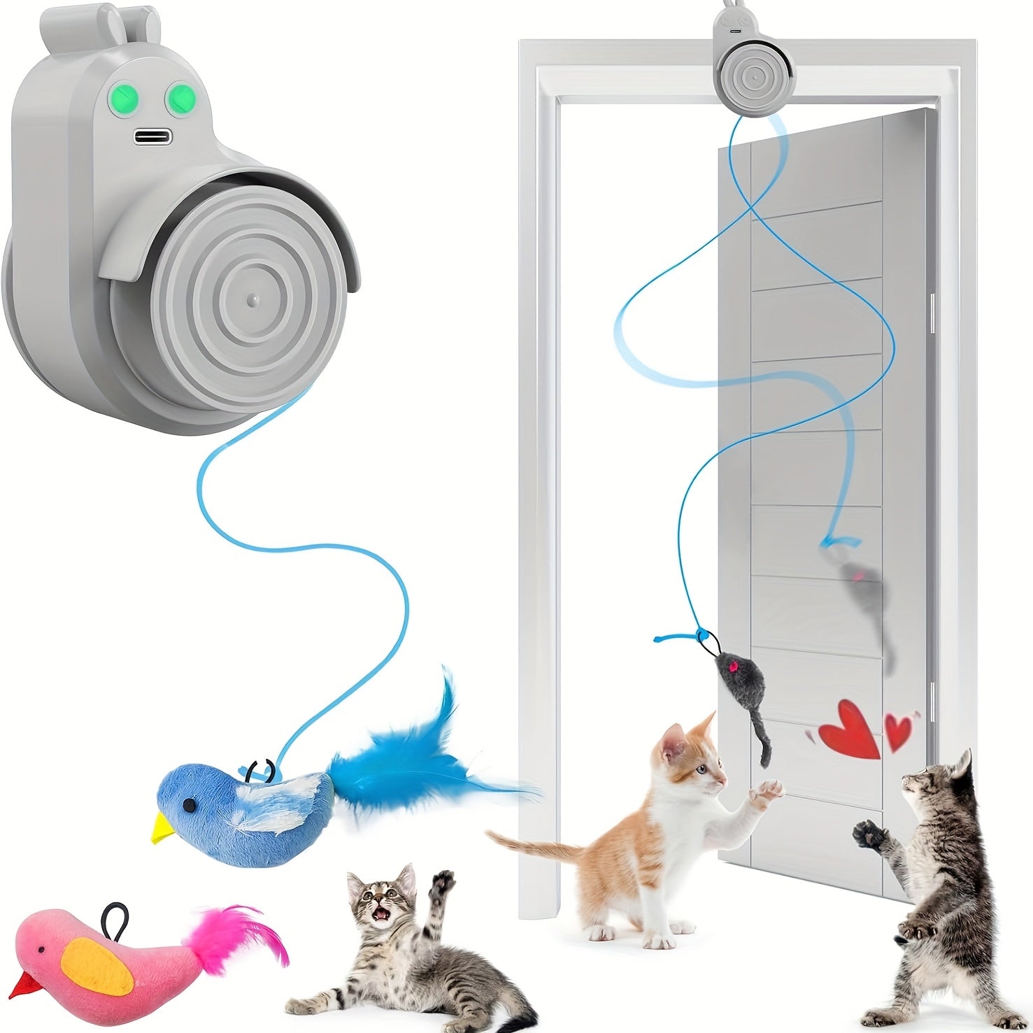 Interactive Cat Toy for Indoor Cats – Automatic Electric Flying Bird Feather Stick-On Hanging Self-Play Kitten & Adult Cat Enrichment Toy for Bored Cats, White Blue Grey
