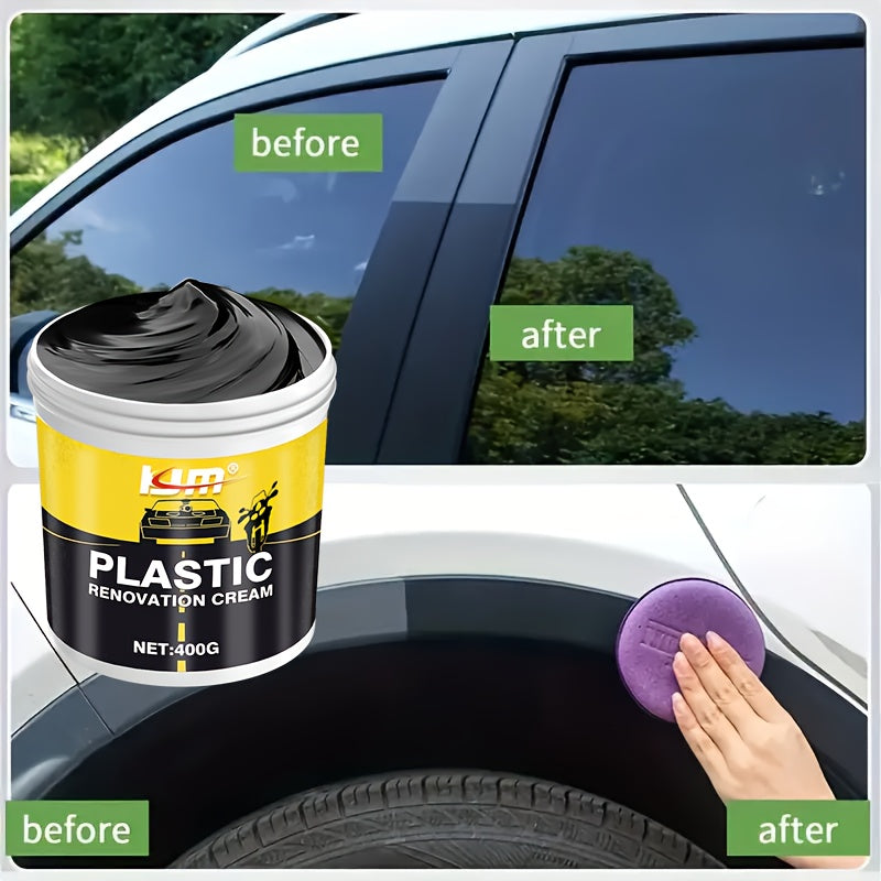 Car Plastic Rubber Repair Cream All-in-One Trim Restorer Scratch Remover Tire Shine Wax Anti-Cracking Anti-Aging UV Protection Formula for Interior Exterior Car Detailing Includes Sponge