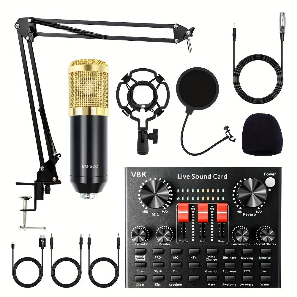 BM-800 Podcast Recording Studio Bundle with Live Sound Card, Voice Changer & Earphones – Complete Audio Interface Kit for Streaming, Vlogging & Live Broadcast, Multiple Models Available
