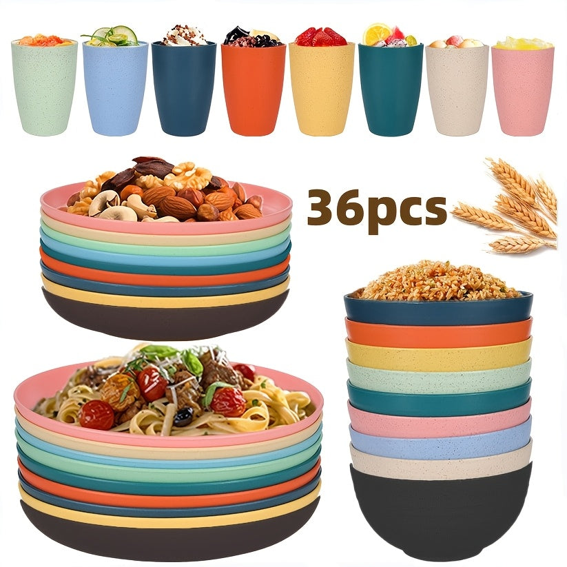 Wheat Straw Dinnerware Set 12/24/36 Piece with Multicolor Option – Reusable Eco-Friendly Unbreakable Plates Bowls & Cups, Dishwasher & Microwave Safe for Camping Picnic Party Outdoor Everyday Use
