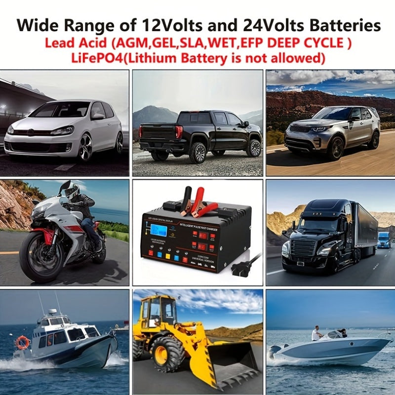Smart Universal Battery Charger 12V 24V with LCD Screen Pulse Repair Trickle Maintainer for Car Truck Motorcycle Boat Lawn Mower Harvester – Automatic Temperature Regulation