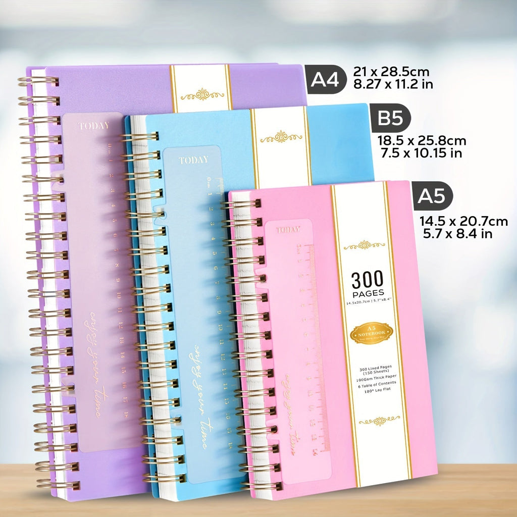 Spiral Notebook 3 Pack A5 Hardcover College Ruled 300 Pages 100GSM Thick Paper PVC Cover Notepad Set for Women Girls Students School Office Journaling 5.7x8.4 with Built-In Ruler