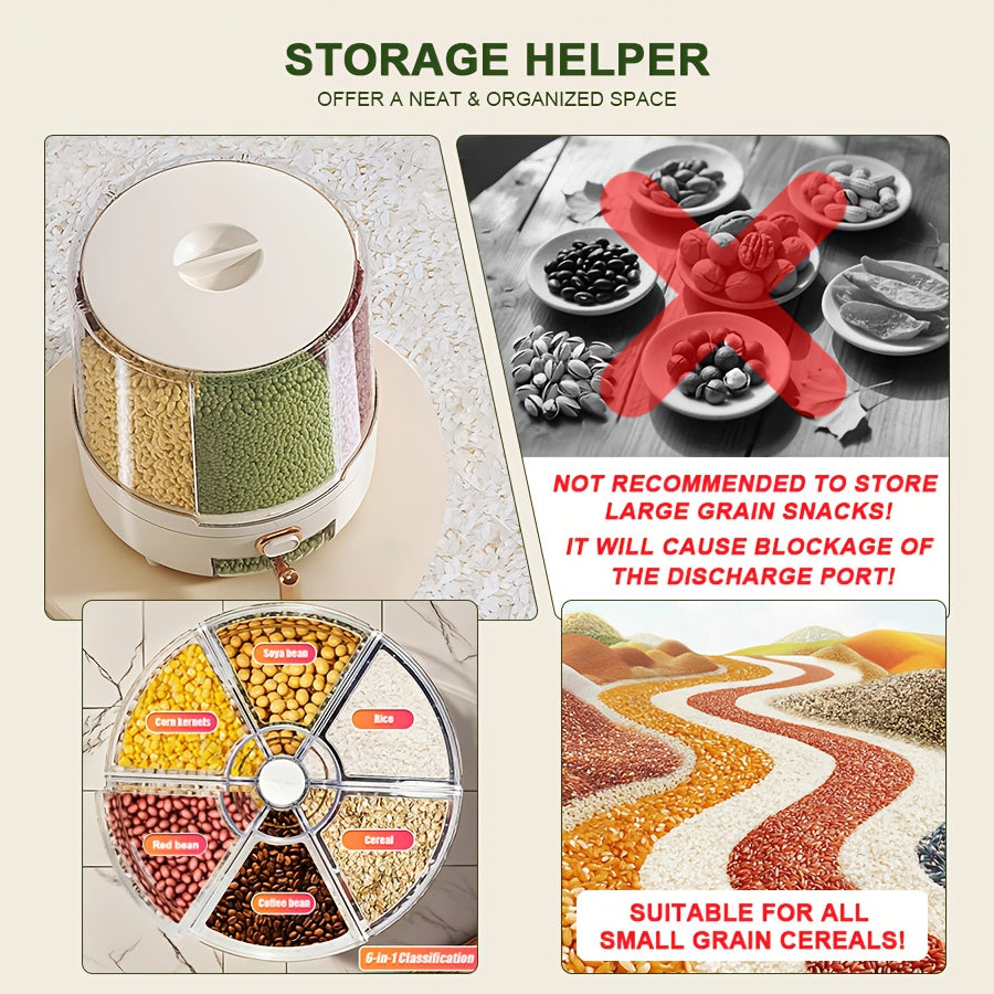 Rotating Cereal Dispenser 6-Grid Large Capacity Airtight Rice Storage Container, Moisture-Proof Insect-Proof Grain Dispenser with Transparent Window & Press Button, Food-Grade PP for Rice Grains Flour