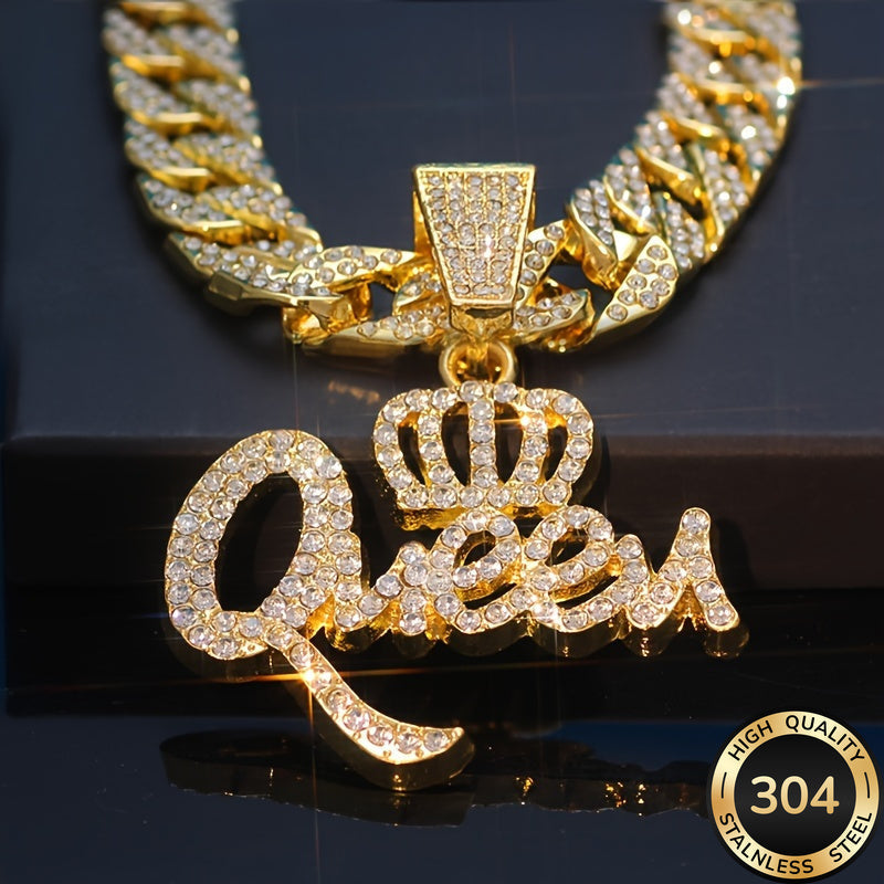 Queen Crown CZ Pendant Necklace for Women Hip Hop Bling Statement Jewelry – Synthetic Zirconia Bold Necklace Gift for Ladies Birthday Valentine's Day Anniversary