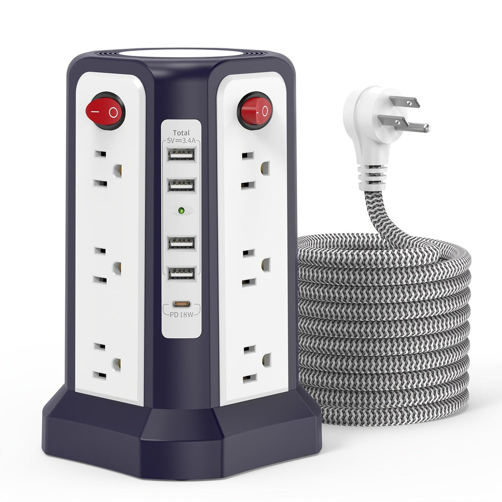 Power Strip Tower 16 AC Outlets 5 USB Ports USB-C PD20W Fast Charging 1500J Surge Protector Flat Plug Desktop Extension Cord for Home Office Dorm Room Workstation 10 Style Options