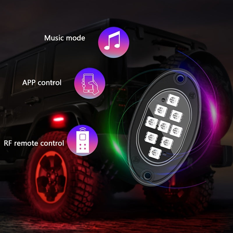 RGB LED Rock Lights Kit for Trucks Pickup SUV – Sound Activated APP & Remote Control, Multicolor Underglow Chassis Neon Lights, 9 Large Beads, 4/6/8/10 Pods Underbody Lighting Kit