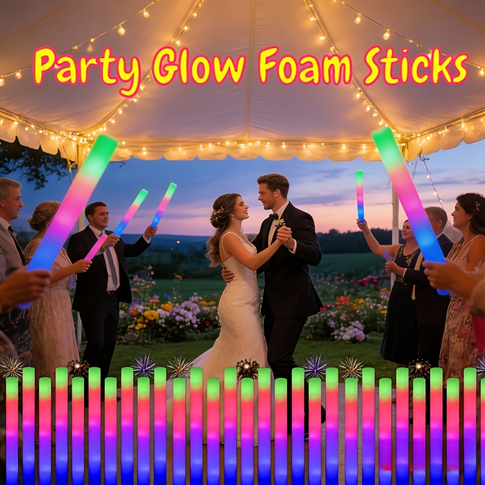 LED Foam Light Sticks Bulk Pack 28 48 or 100 Pieces – 3-Mode Color Changing Flashing Glow Sticks for Glow Parties Weddings Concerts Birthdays Halloween Christmas Camping Cheering Events – Safe for Kids Adults