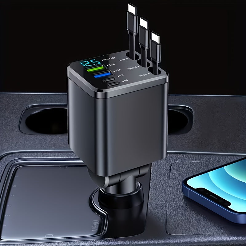 7 in 1 Car Fast Charger with 3 Retractable Cables LED Digital Display 180 Degree Adjustable Multi-Port Car Phone Charger for iPhone Android USB-C Samsung Universal 12V 24V