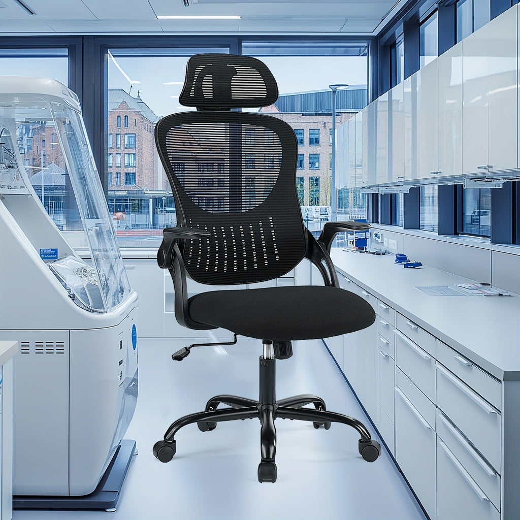 Ergonomic High Back Mesh Office Chair with Adjustable Headrest, Lumbar Support & Flip-Up Armrests – Stainless Steel Frame, Padded Seat, 5-Wheel Rolling Base – Home Office, Lab & Desk Chair (Black/Gray)