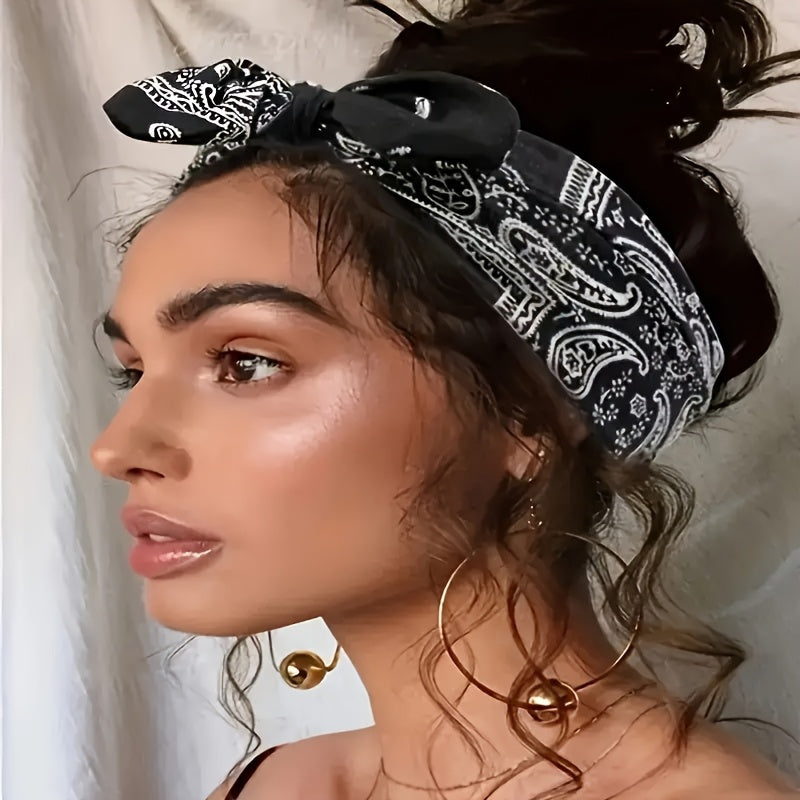 6-Pack Bohemian Paisley Bow Elastic Headbands for Women – Cashew Flower Loose Elastic Headscarves 6 Colors Sky Blue Black Navy Wine Red White Red All Seasons Sports Daily Wear Gift