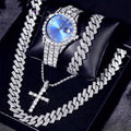 Luxury Cuban Link Jewelry Set for Men & Women – 4-Piece Necklace Bracelet Pendant Wristwatch Full Set 12 Color Options Silver Gold Pink Green Blue Hip Hop Bling Valentine's Day Christmas Gift