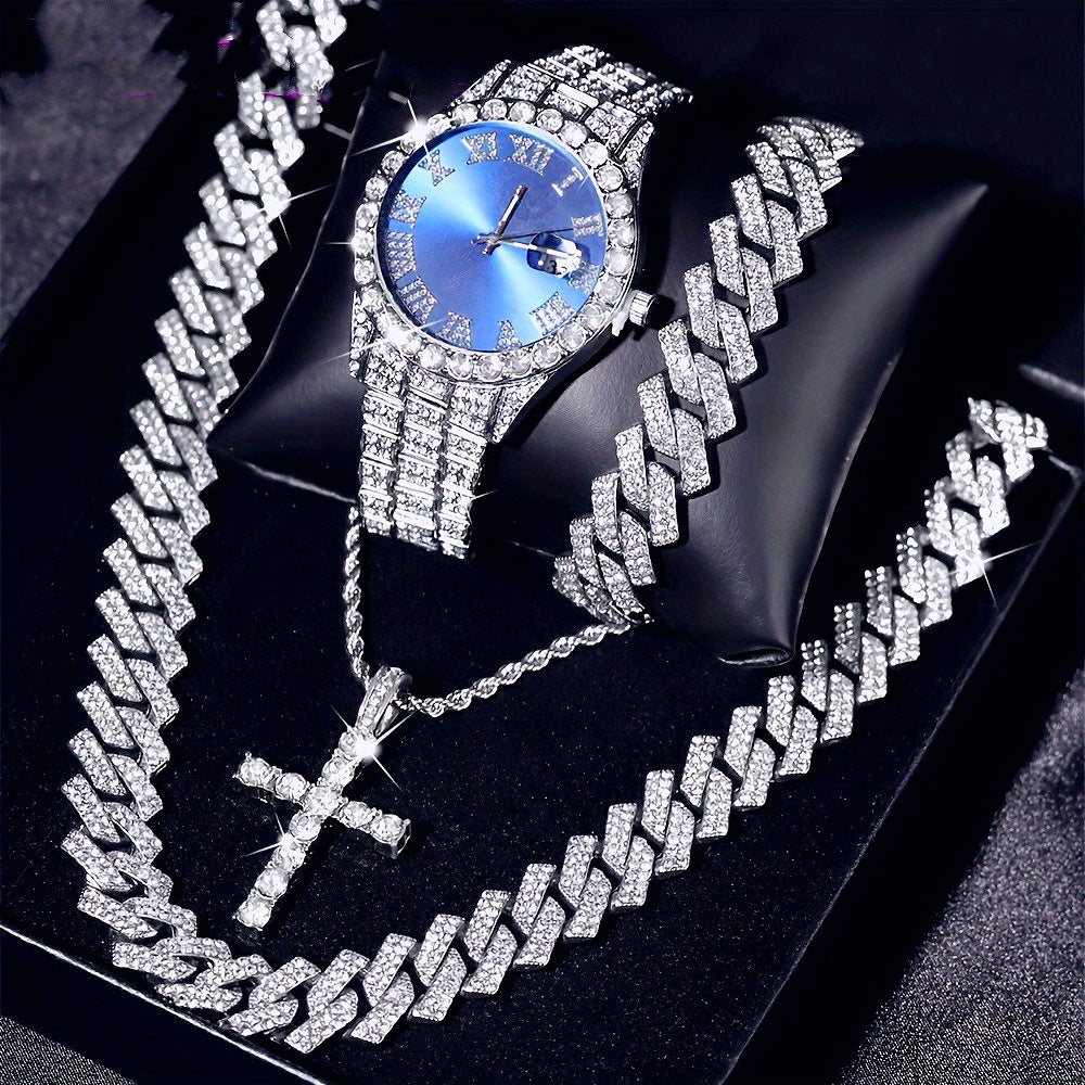 Luxury Cuban Link Jewelry Set for Men & Women – 4-Piece Necklace Bracelet Pendant Wristwatch Full Set 12 Color Options Silver Gold Pink Green Blue Hip Hop Bling Valentine's Day Christmas Gift