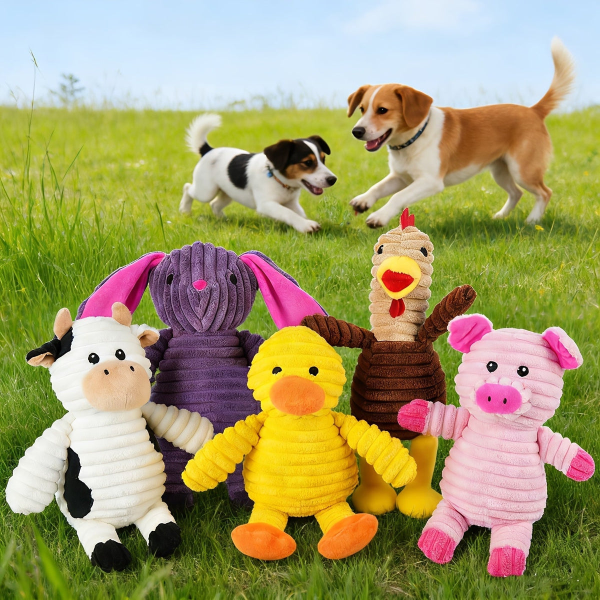 Plush Dog Squeaky Toys 5-Pack Bundle Washable Stuffed Animal Chew Toys for Small Medium Large Dogs – Embroidered Safety Eyes, Pig Frog Elephant Chicken Fox Designs