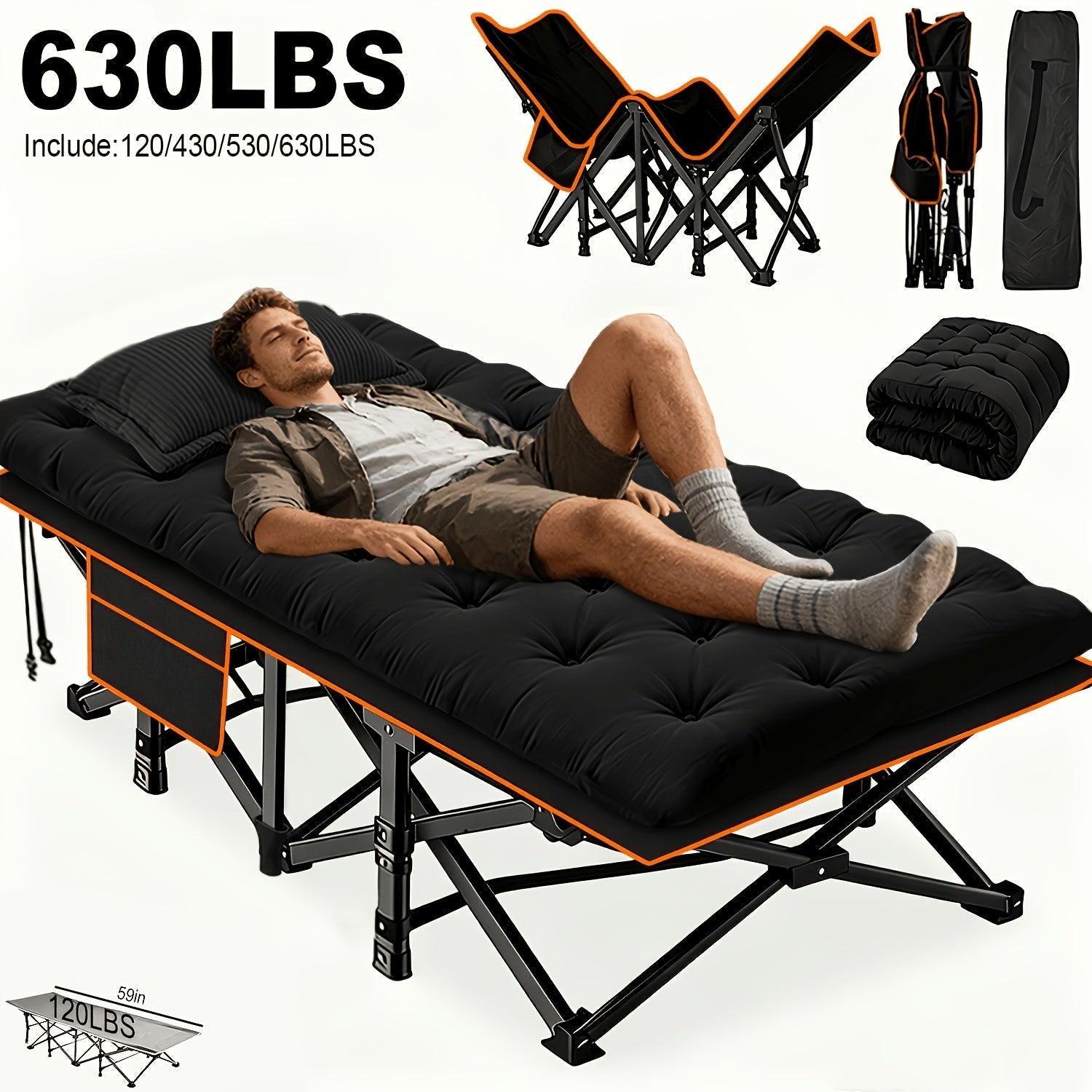 Heavy Duty Folding Bed with Optional Mattress up to 630 LBS – Portable Camping Cot with Multi-Leg Support, Side Pockets & Pillow, 59–77 Inch All Season Guest Napping Bed Space Saving