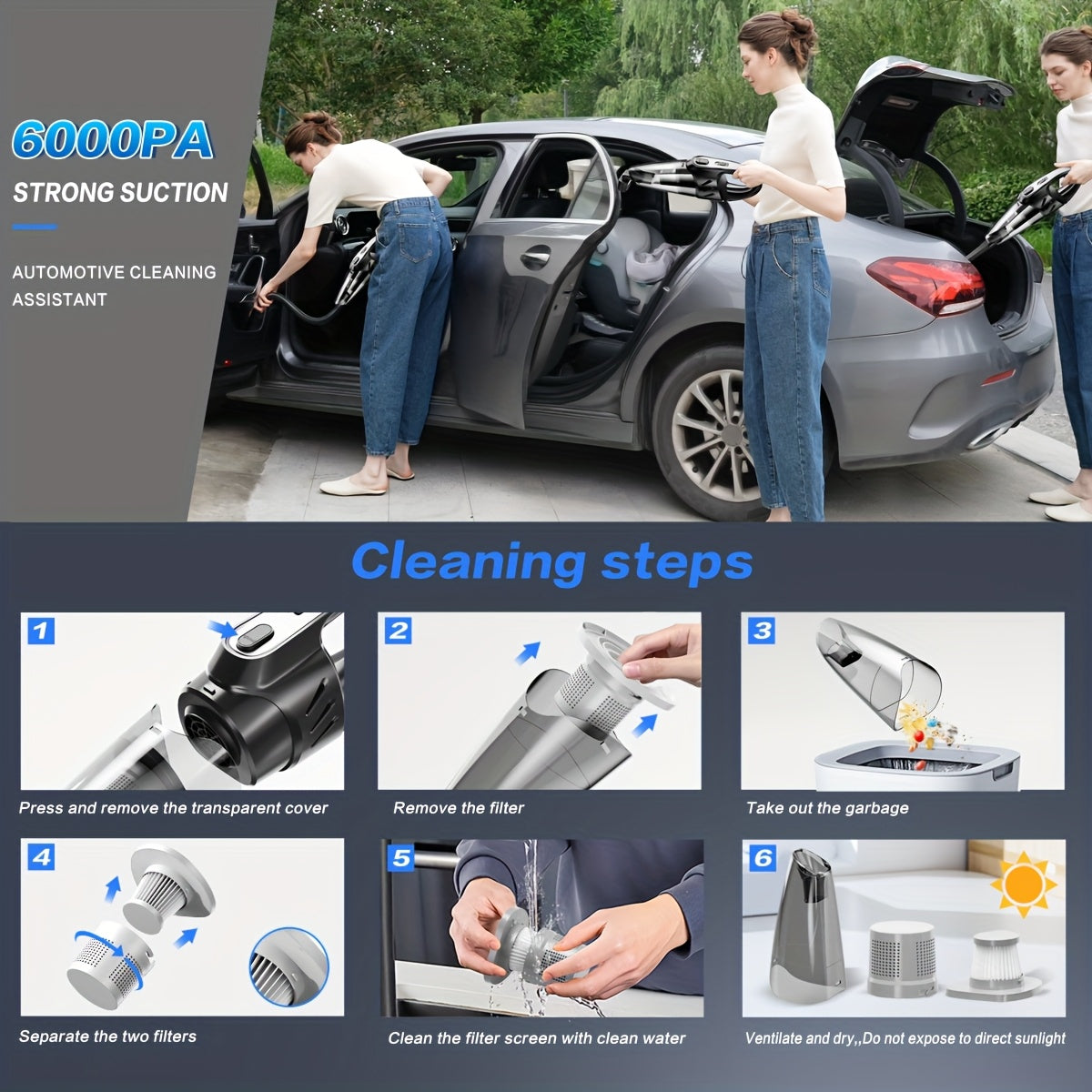 Handheld Car Vacuum Cleaner 6000PA Strong Suction 2000mAh Rechargeable Cordless 40dB Ultra Low Noise 5 Accessories One-Click Dust Cup for Car Interior Home Pet Hair Upholstery 6 Color Options