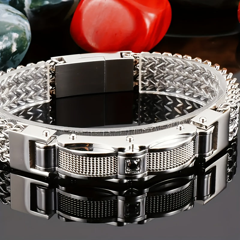 Men's 304 Stainless Steel Motorcycle Chain Bracelet – Hip Hop Punk Biker Magnetic Clasp Synthetic Gem Bracelet for Men Nightclub Party Wedding Streetwear Gift