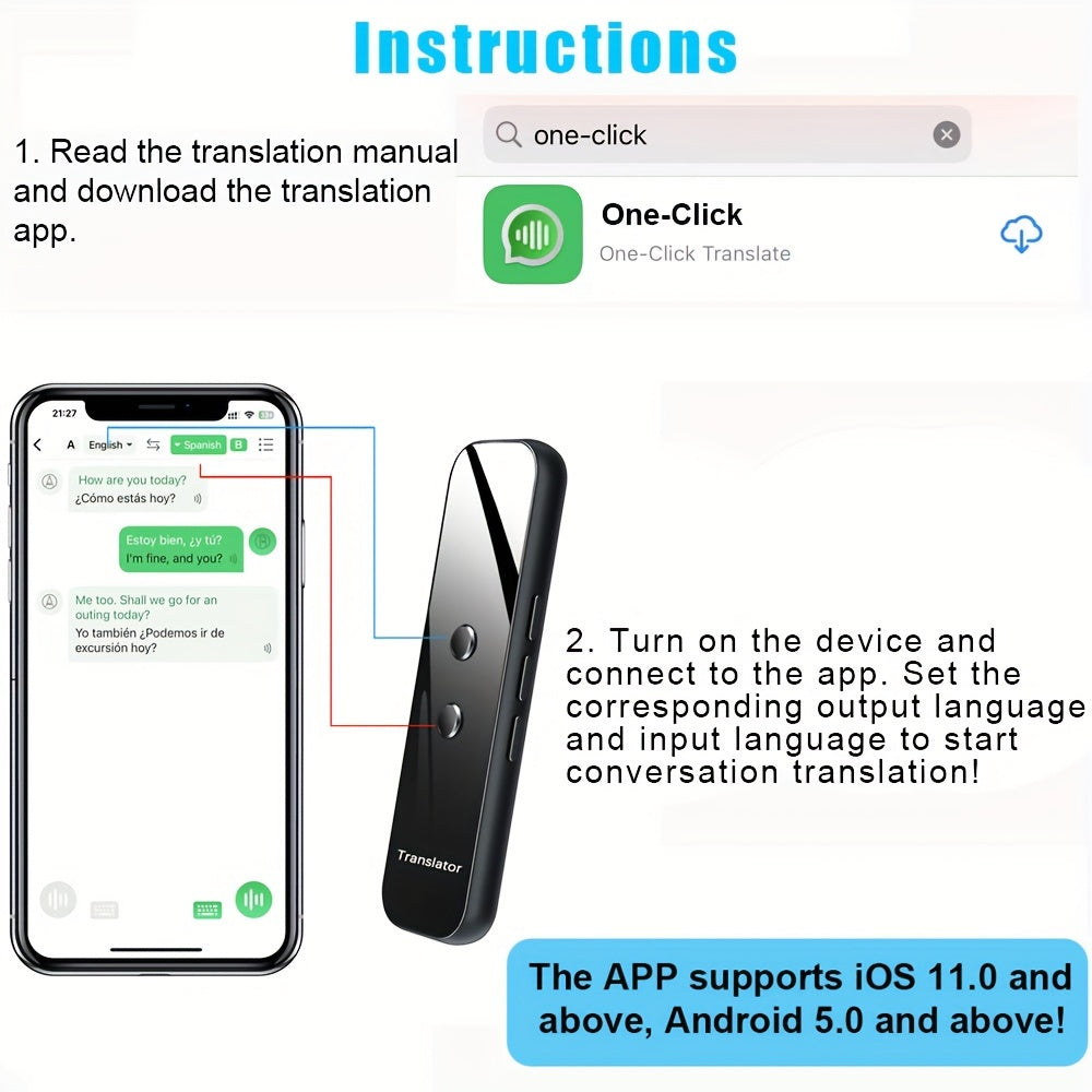 Portable Language Translator Device – Two-Way Instant Voice Translation 137 Languages, APP-Connected High Accuracy Translator for Travel Business Learning, Headphone Compatible