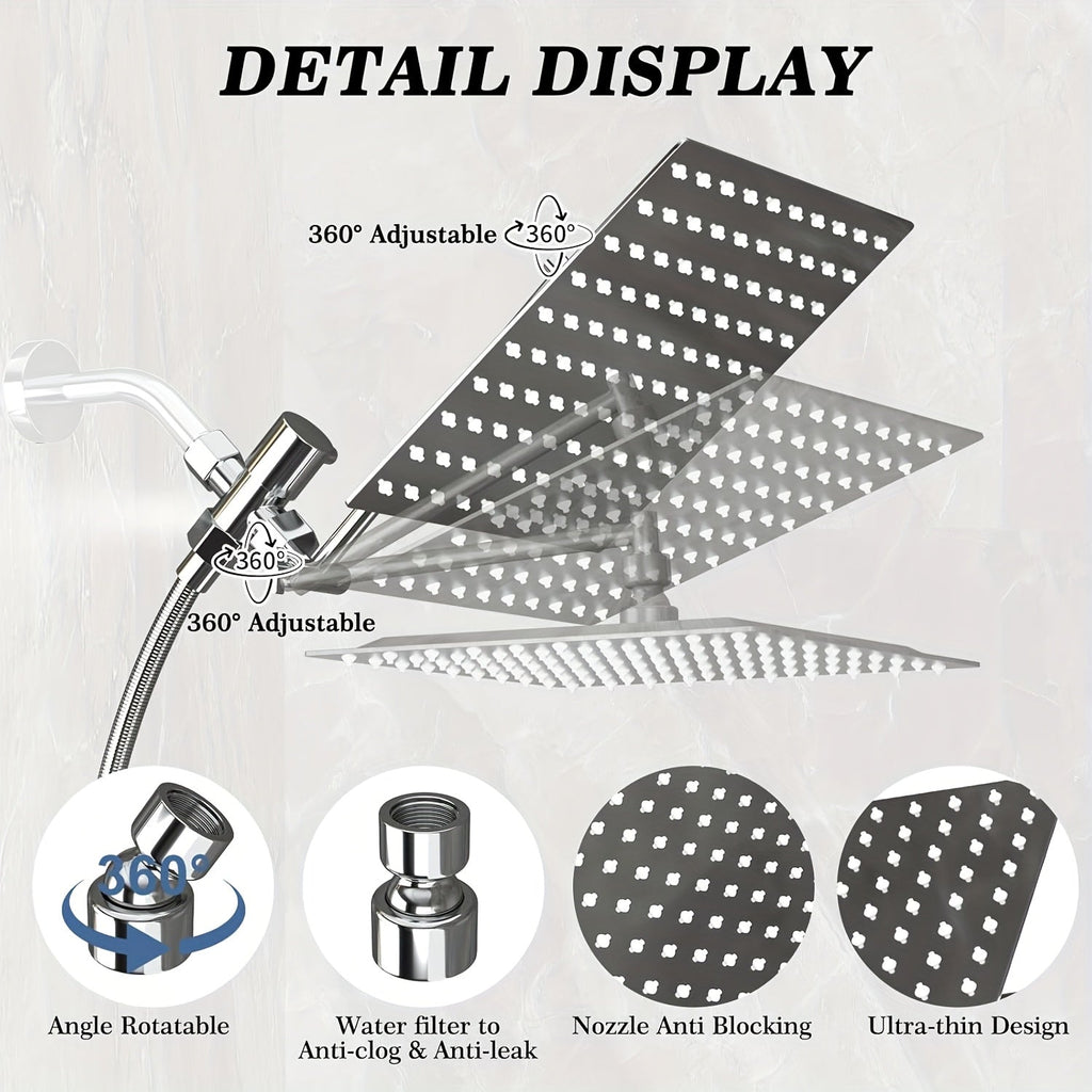 High Pressure Rainfall Handheld Shower Head Combo 8 10 12 Inch Extension Arm 9 Spray Settings 180 Degree Adjustable Anti-Leak Silicone Nozzles for Home Bathroom Upgrade Chrome Matte Black