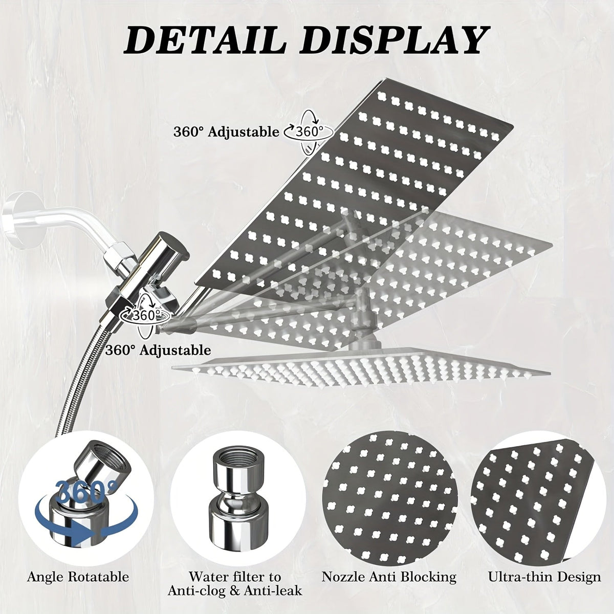 High Pressure Rainfall Handheld Shower Head Combo 8 10 12 Inch Extension Arm 9 Spray Settings 180 Degree Adjustable Anti-Leak Silicone Nozzles for Home Bathroom Upgrade Chrome Matte Black