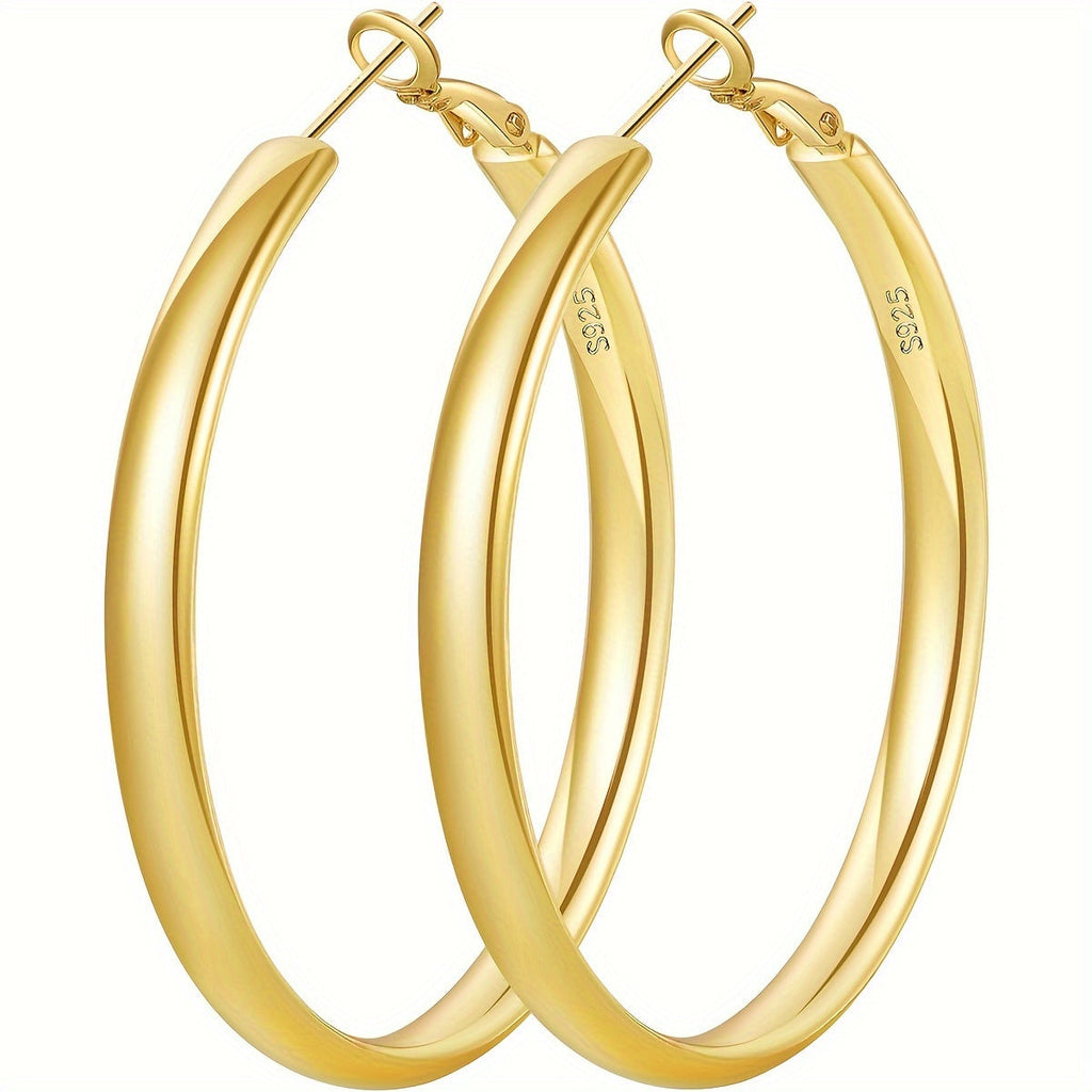 Women's 925 Sterling Silver Hoop Earrings – Hypoallergenic Round Thick Hoop, Gold & Silver, 5 Sizes 40mm–70mm, French Style Daily & Party Jewelry