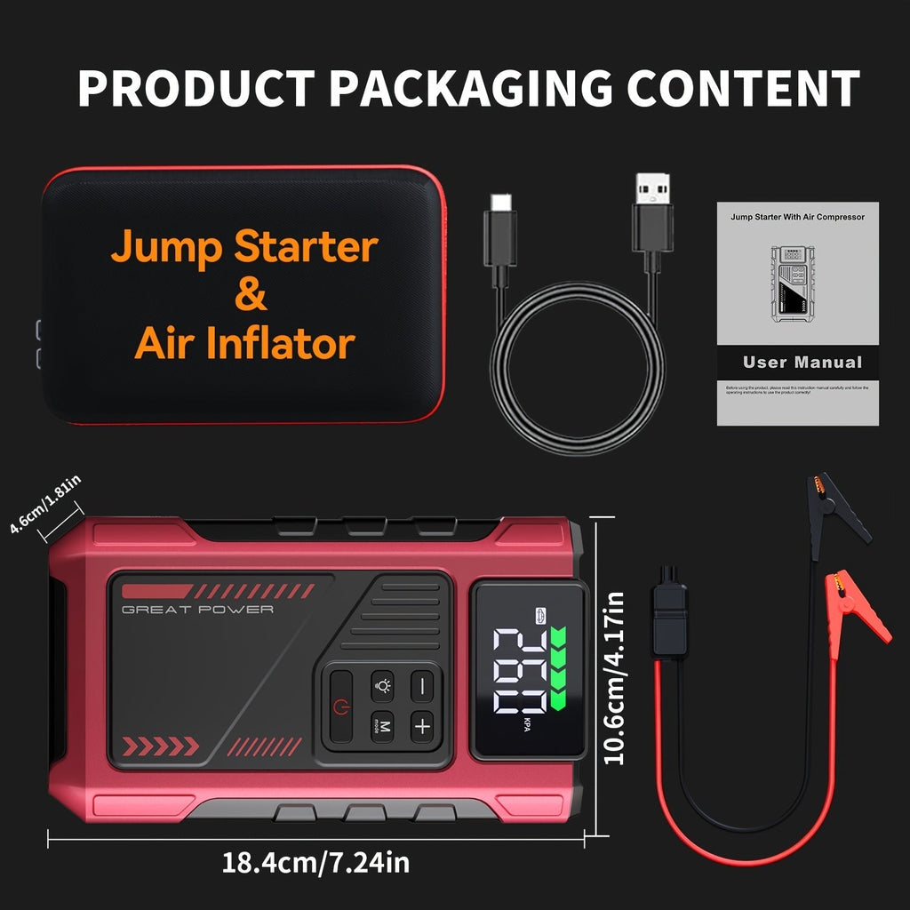 9 in 1 Portable Jump Starter with Air Compressor for 12V Cars Up to 8.0L Gas 6.5L Diesel Battery Booster Pack Tire Inflator USB Power Bank LED Emergency Light Safety Hammer Roadside Kit