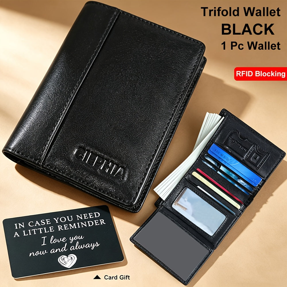 RFID Blocking Genuine Leather Wallet Men Trifold Cowhide Vintage 9 Card Slots 2 ID Windows Money Clip Cash Slots Father's Day Birthday Gift for Dad Husband Brown Black Blue