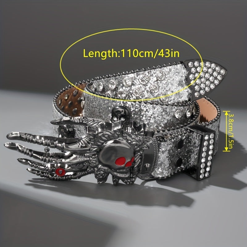 Unisex Punk Skull Belt – Rhinestone-Embellished Faux Leather with Zinc Alloy Skull Buckle, Bold Statement Fashion Accessory for Halloween, Parties & Daily Wear, 5 Colors Available